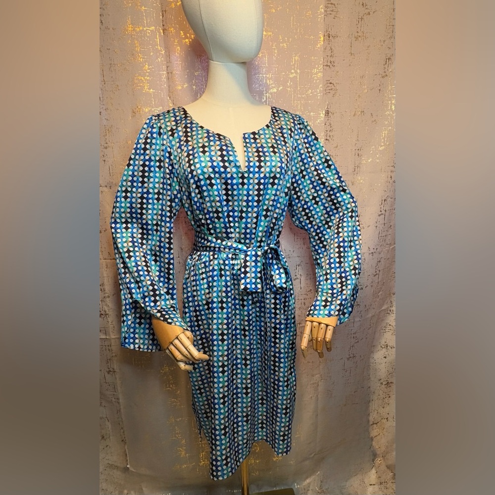 Laundry By Shelli Segal Blue and White Patterned Long Sleeve Dress